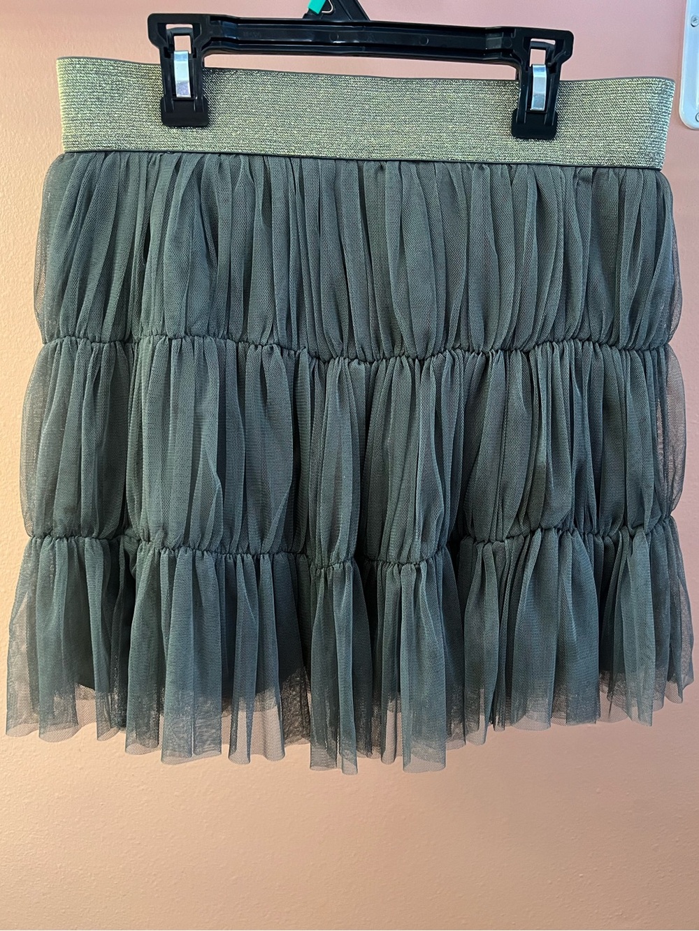 Twelve AM Olive Green Tiered Tulle Mini Skirt Gold Metallic Waist Size M?